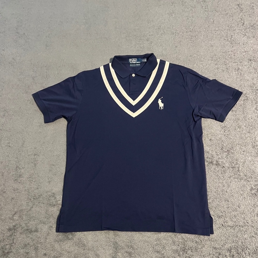 Vintage Y2K Polo Ralph Lauren Navy Blue V-Stripe Cricket Polo Shirt Mens Large
